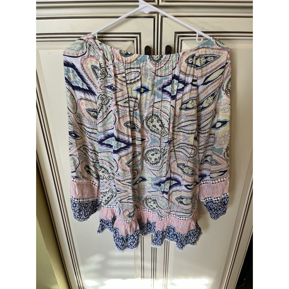 Crown & Ivy Top‎ Womens Large Navy Blue Sheer Peasant Blouse Scoop Neck Ladies